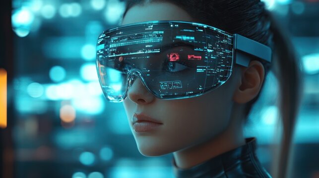 Futuristic female gaze immersed in augmented reality with data streams reflected