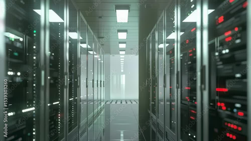 Poster server room with rows of computer racks, data center infrastructure, futuristic technology, illumina