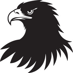 A striking black and white illustration of an eagle head with sharp features and intense gaze design
