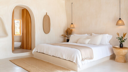 Minimal bedroom with plastered walls, linen bedspread, and natural decor creates serene