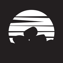 Silhouette of rocks against a striped sunset with orange and red sky in a simple illustration