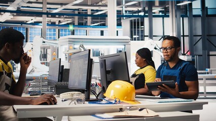 African american technician analyzes performance reports of solar cells on PC, focused on eco friendly renewable energy. Employee monitors photovoltaic output to support sustainability. Camera A.