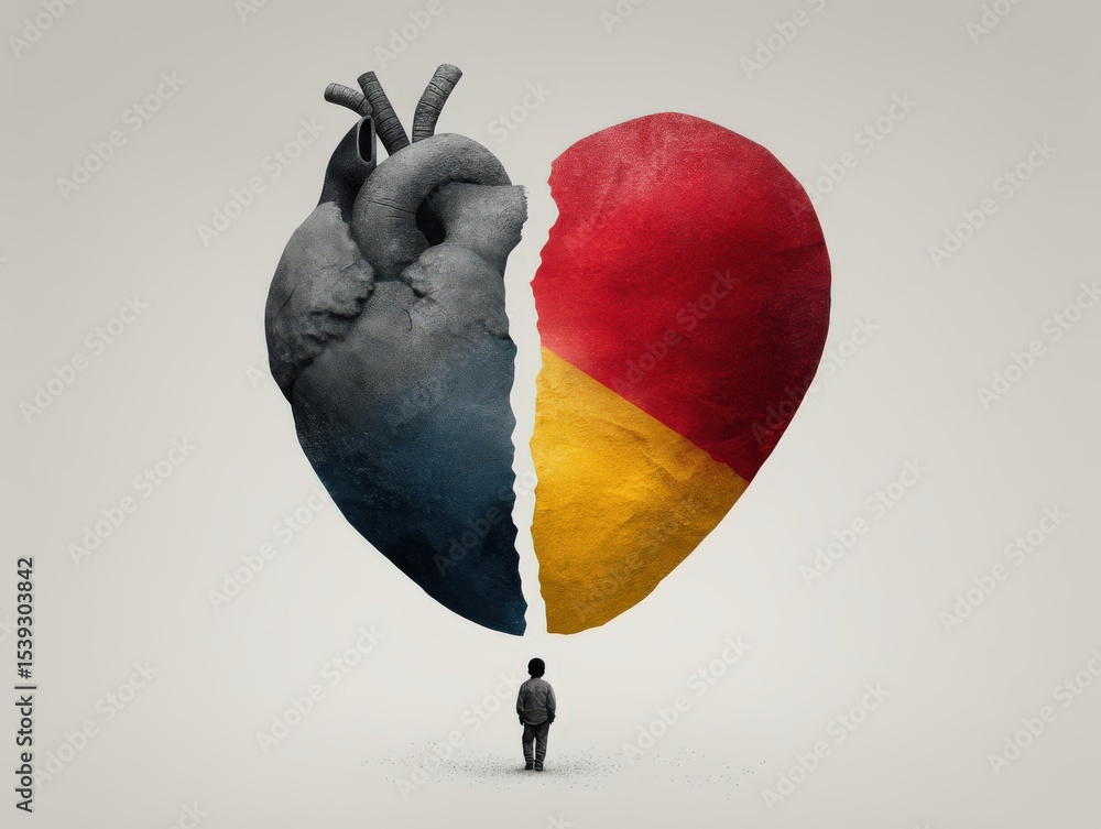 Poster heart symbolizing emotional barriers with artistic split design showcasing contrasting colors, child