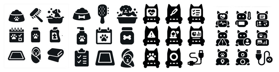Pet care solid icons set – silhouette, filled, grooming and veterinary symbols