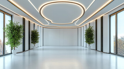 Modern minimalist interior design with large windows and greenery