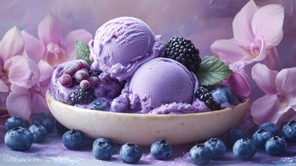 Berry delight: A whimsical pastel ice cream sundae with floral accents