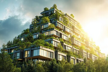 Fototapeta premium Futuristic green buildings showcase modern eco-architecture with lush rooftop gardens on a sunny day