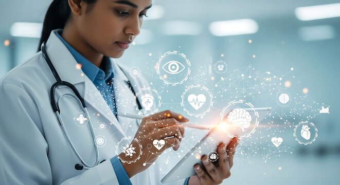 Female doctor using a tablet displaying medical icons. Modern healthcare with technology, diagnosis, and AI. Digital health concept.