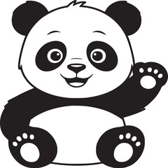 Cartoon panda waving with pink paws sitting against a solid orange color background illustration © Syed  39