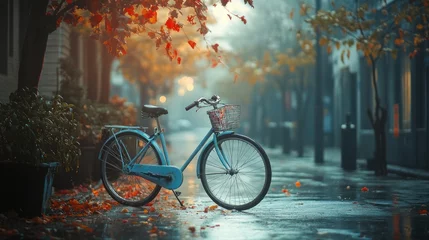 Fototapete Autumn hues and a vintage bicycle create a melancholic street scene © akun