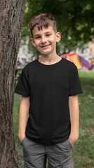 Boy in black t-shirt and shorts enjoys a sunny day playing in park surrounded by trees and colorful elements