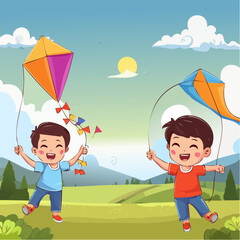 Vector Images of Summer Fun Activities:  Little Boys Flying Kites 13