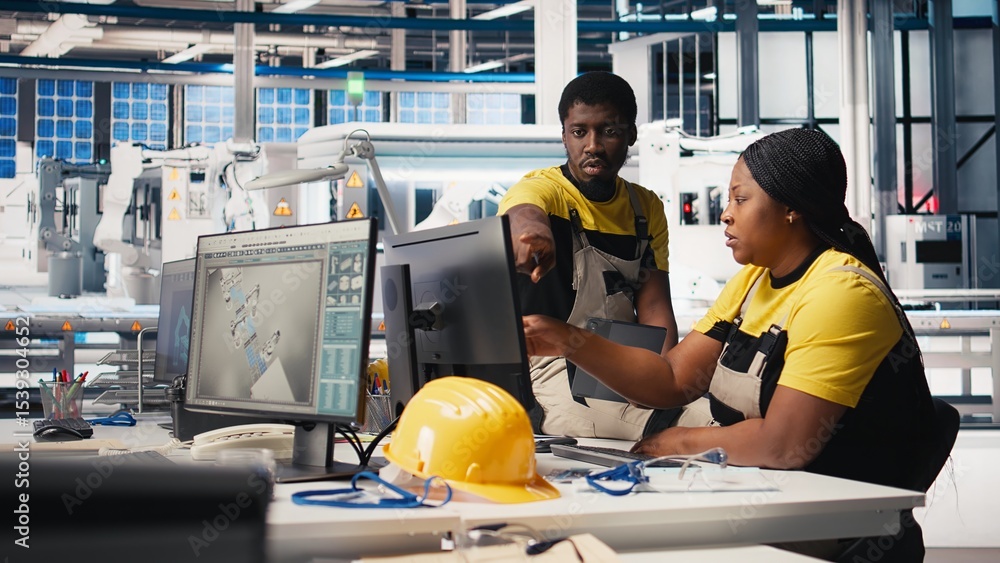 Poster engineers team in photovoltaics factory reviewing guidelines to diagnose malfunctioning systems. sol