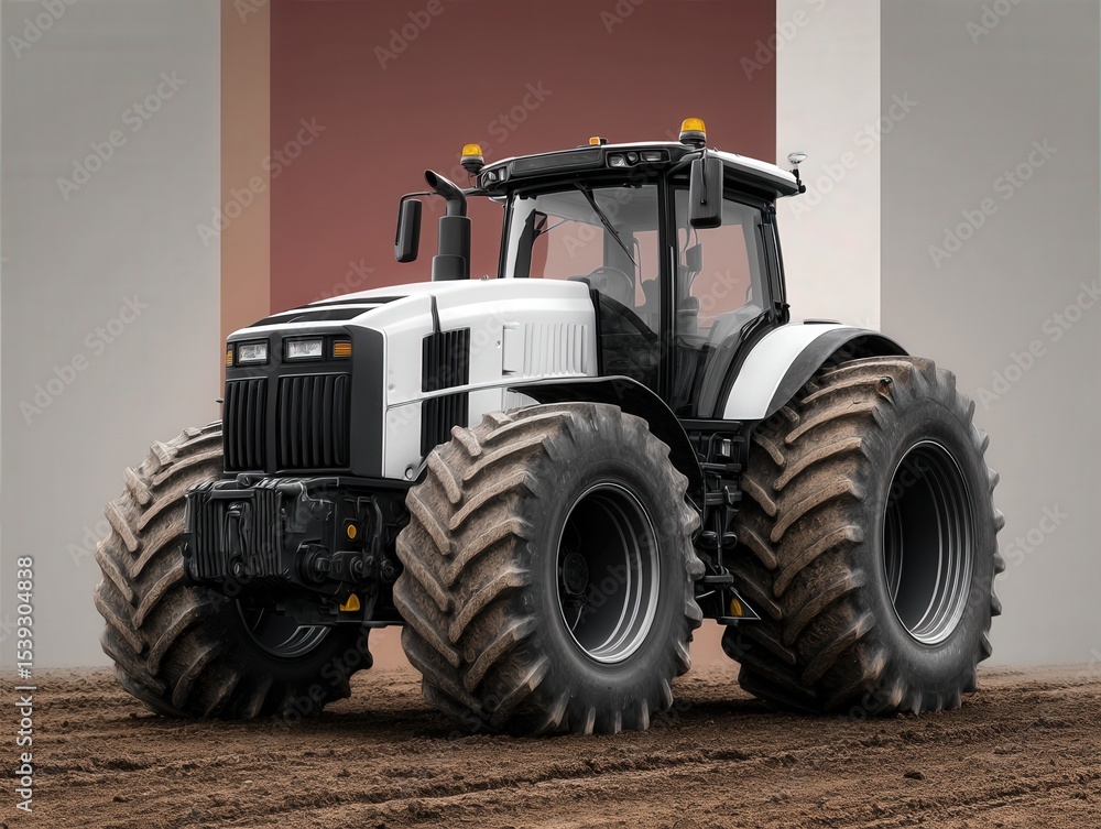 Poster massive agricultural tractor with oversized tires showcasing modern engineering and design on a text