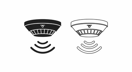 This high-quality vector image features two minimalist smoke detector icons: a solid black silhouette and a black outline, both with a rounded top, circle, and wavy lines, all with fine details.