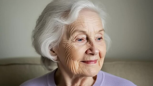 Portrait of a smiling senior woman with short white hair indoors against a neutral backdrop