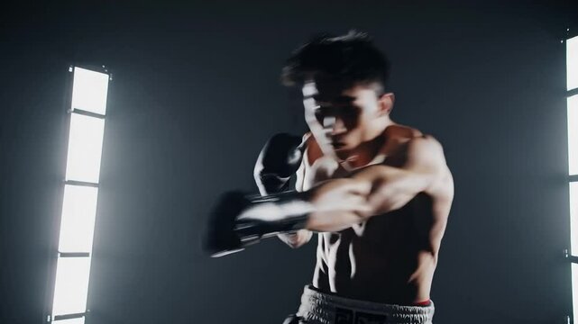 Japanese boxer unleashing a powerful punch toward camera with sweat bursting midair in dramatic slow motion
