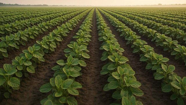 Vista a&eacute;rea de uma planta&ccedil;&atilde;o de soja jovem ao amanhecer. Agricultura moderna no Brasil. Exporta&ccedil;&atilde;o de soja
