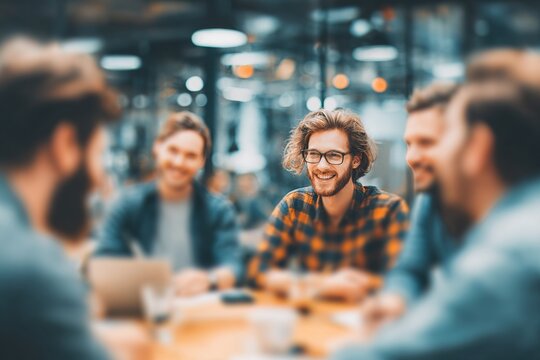 Concept of teamwork process at office.Happy Coworkers meeting.Blurred background.Horizontal. High quality