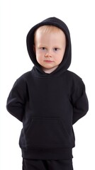 Toddler in black hoodie posing in bright studio setting with neutral expression and even lighting