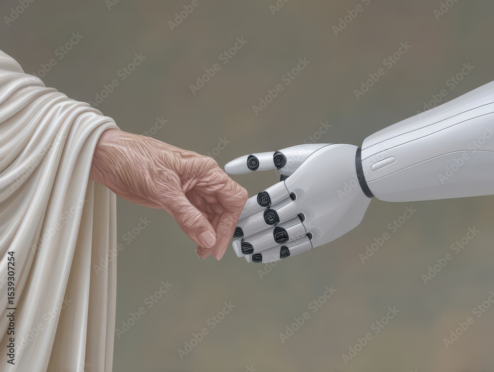 Poster touch of humanity meets advanced technology in a striking depiction of an elderly hand reaching out 