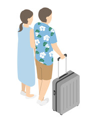 スーツケースを持って旅行する男女・アイソメトリック