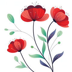 A clean and elegant vector-style illustration showcasing three red flowers with fine details and delicate green leaves on a white backdrop. Concept: simple, modern botanical art.