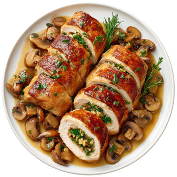 Savory Chicken Ballotine with Stuffed Filling and Mushrooms on a White Plate