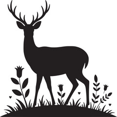Silhouette of a deer with antlers standing among flowers and grass on a white background design art