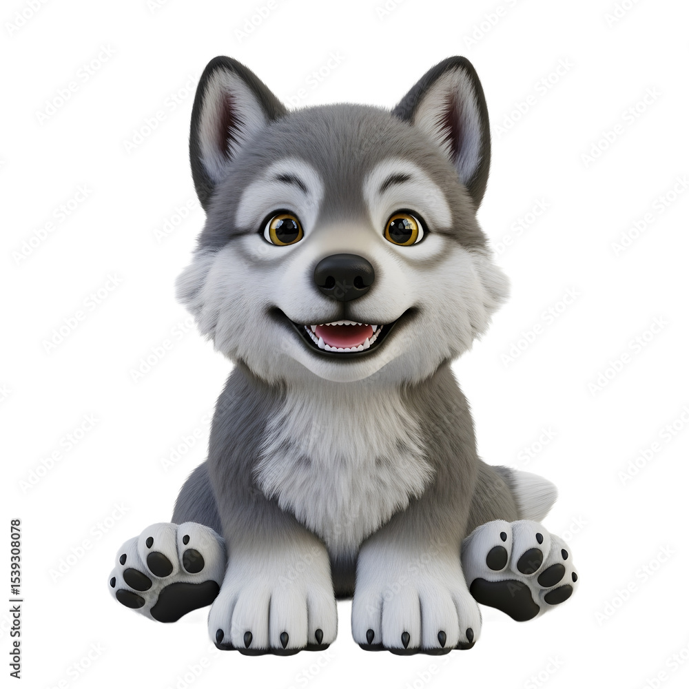 Poster cheerful cartoon wolf cub sitting with a smiling expression on a transparent background displaying a