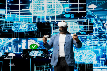 African American engineer working on machine learning with virtual reality tools, implementing models and intelligent systems via neural networks. Programming and cloud computing.
