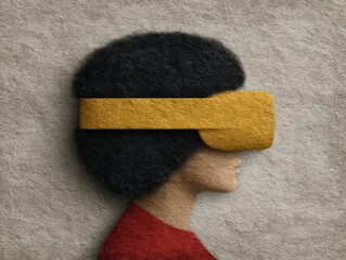 Afro hairstyle silhouette wearing yellow virtual reality headset set against textured background conveying digital trends and immersive experiences captured with clarity