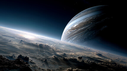 A breathtaking view reveals a distant planet shrouded in clouds, with Jupiter looming large in the background. The interplay of light and shadow emphasizes the depth of space during twilight.