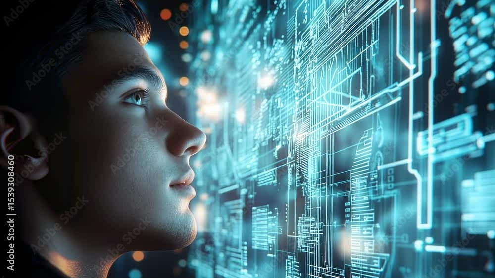 Poster man gazing at futuristic digital interface with glowing blue lines and data