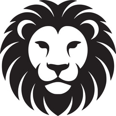 A bold black and white graphic illustration of a lion's head with a striking mane and facial features