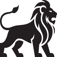 A black and white illustration of a lion with a long mane standing on a white background art