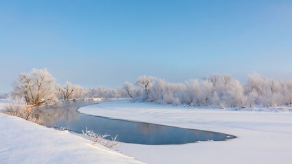 Winter Wonderland Serene River Scene with Frost-Covered Trees