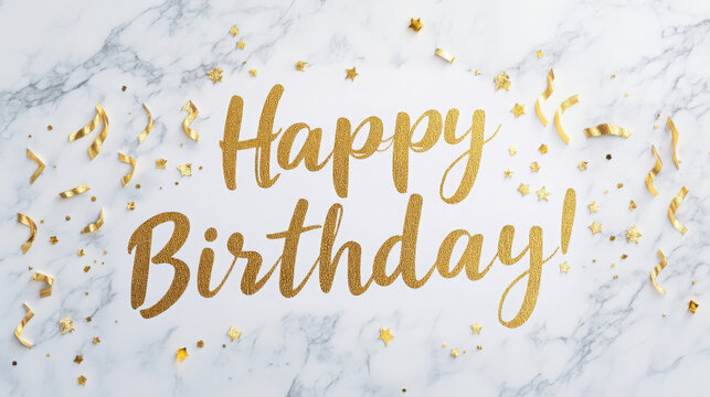 Luxurious ornate happy birthday calligraphy with golden decorations on marble background