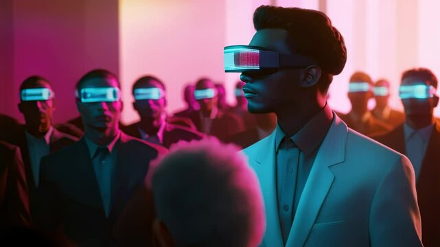 Futuristic gathering of people wearing VR headsets in a neon-lit room, cinematic style