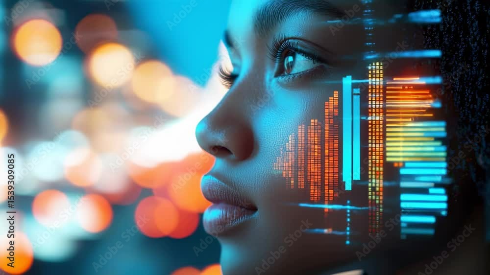 Poster close-up of a womans face with digital data overlay, futuristic tech style