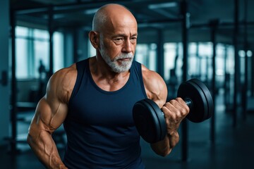 Elderly Man Lifting Dumbbell in Gym.ai-generated