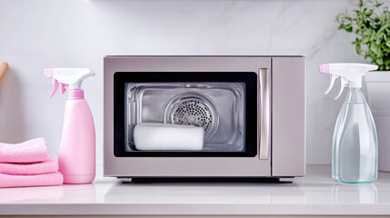 Fototapeta premium Modern microwave with cleaning supplies on a kitchen counter