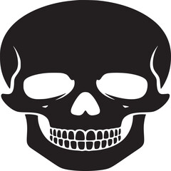 A black and white graphic illustration of a skull with a white background isolated object