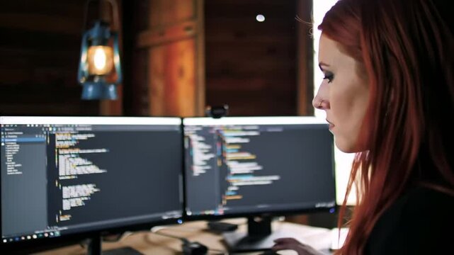 Focused software engineer refactoring code on dual monitors in rustic setting