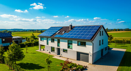Aerial View of Modern House with Solar Panels and Clear Sky