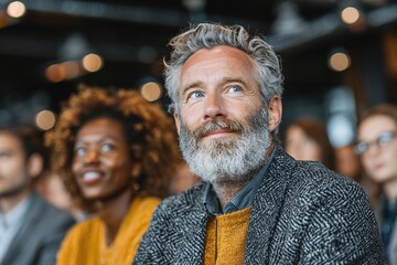 Adult diverse employees listening attentively to expert opinion during conference in modern loft office. High quality