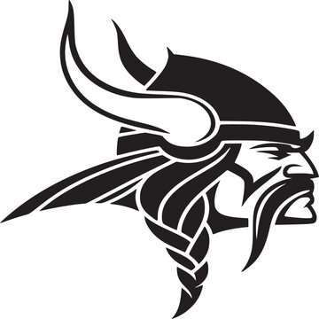 Black and white graphic illustration of a viking head with horns and a braided beard design