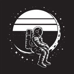 Astronaut sitting on moon with striped sun and stars in a dark space background illustration