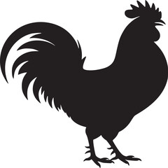 Silhouette of a rooster standing on a white background in a side profile view with a large tail