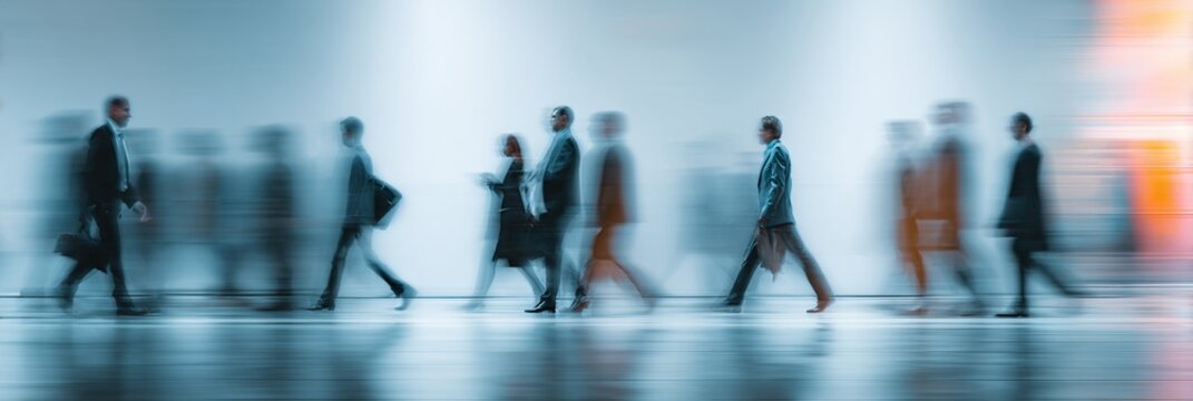 Businesspeople walking at modern office. Concept work process. Business workplace with people in walking in blurred motion in modern office space. High quality